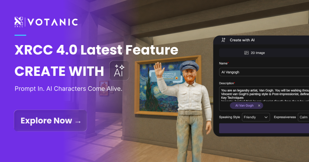 XRCC 4.0 AI character VR classroom showing students interacting with an AI Van Gogh in an immersive art lesson